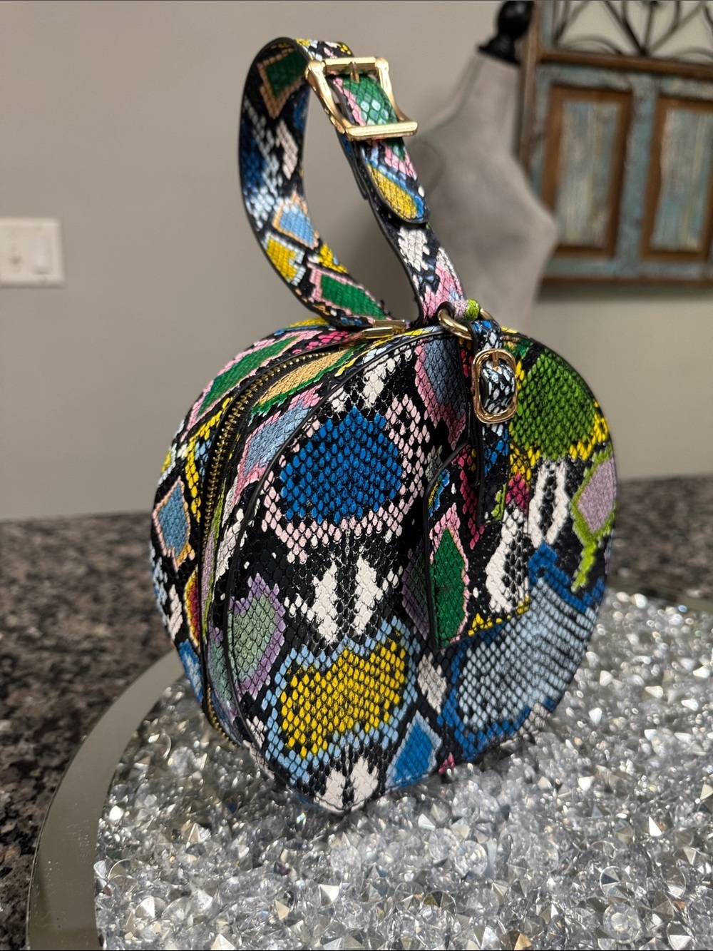Multicolor Python-Print Round Wristlet mini Bag EUC - Picture 2 of 15